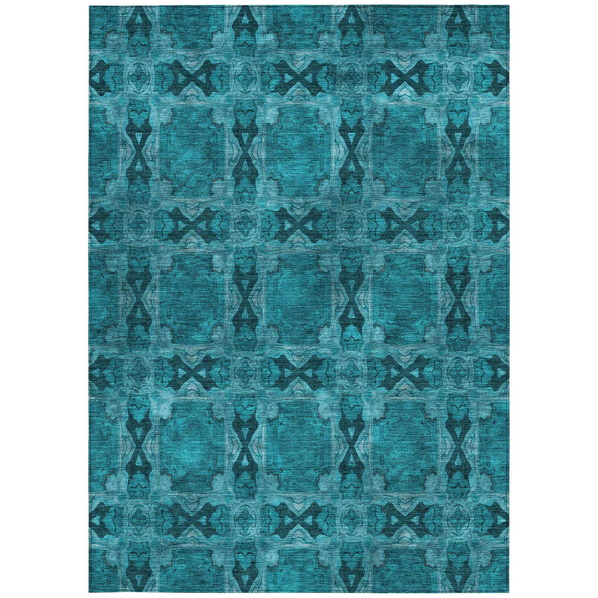 8' X 10' Teal Floral Medallion Washable Non Skid Indoor Outdoor Area Rug