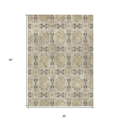 3' X 5' Beige and Gray Floral Medallion Washable Non Skid Indoor Outdoor Area Rug