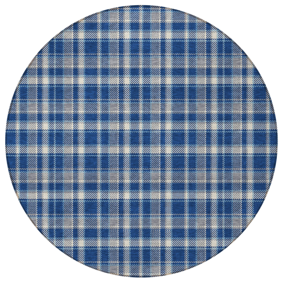 8' Round Navy and Ivory Round Plaid Washable Non Skid Indoor Outdoor Area Rug