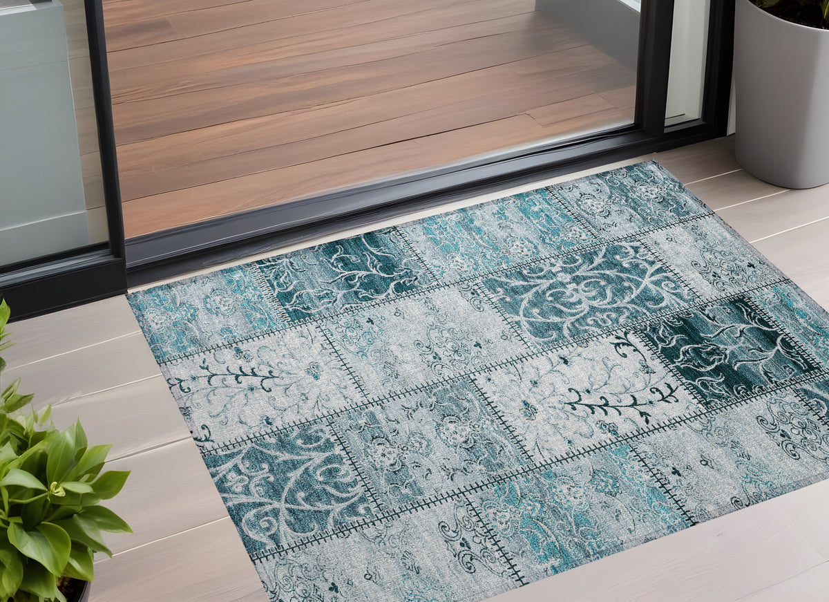 2' X 3' Teal Patchwork Washable Non Skid Indoor Outdoor Area Rug