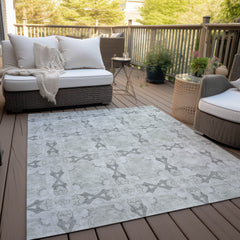 9' X 12' Ivory and Gray Floral Medallion Washable Non Skid Indoor Outdoor Area Rug