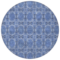 8' Round Denim Blue and Gray Round Floral Medallion Washable Non Skid Indoor Outdoor Area Rug