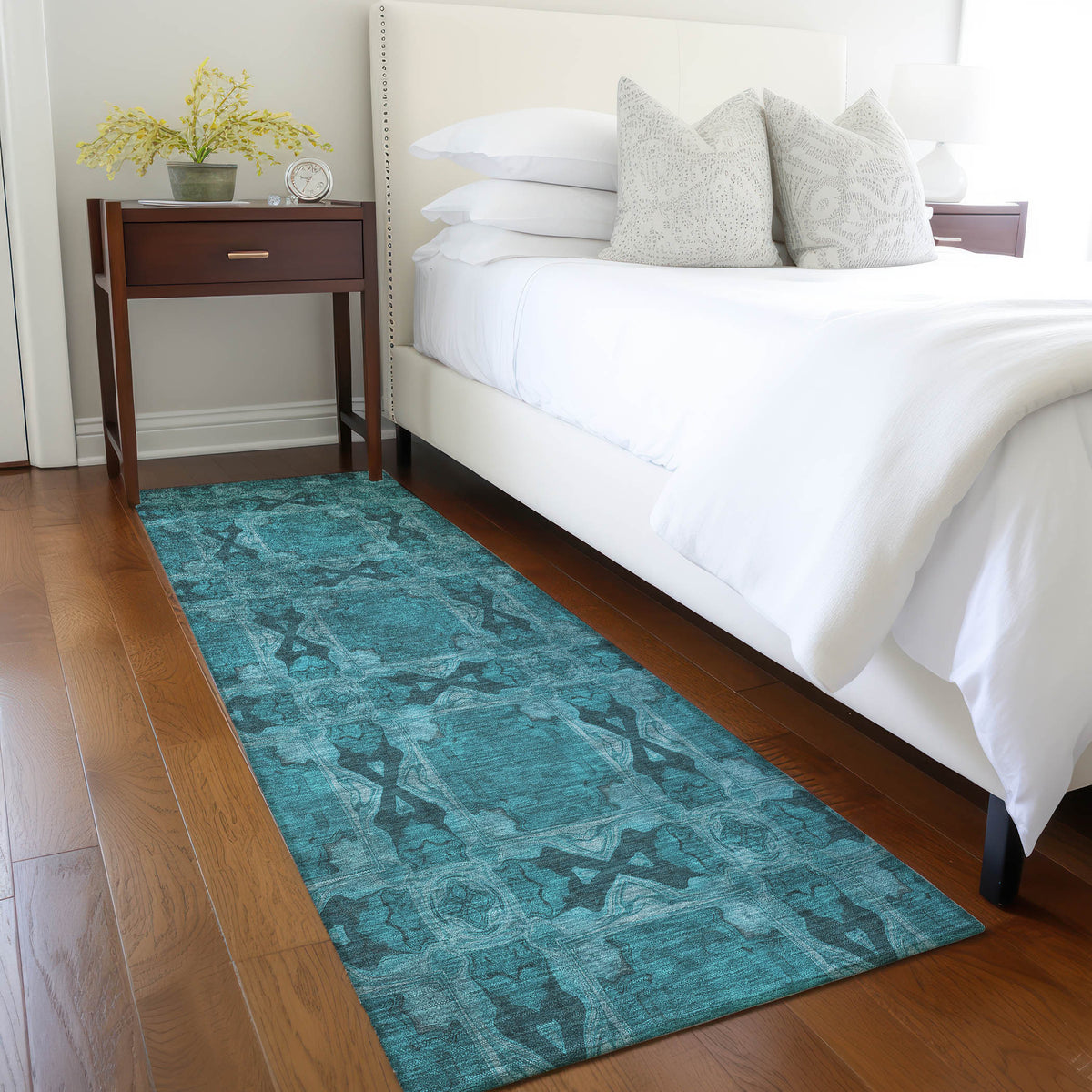 8' Runner Teal Floral Medallion Washable Non Skid Indoor Outdoor Runner Rug