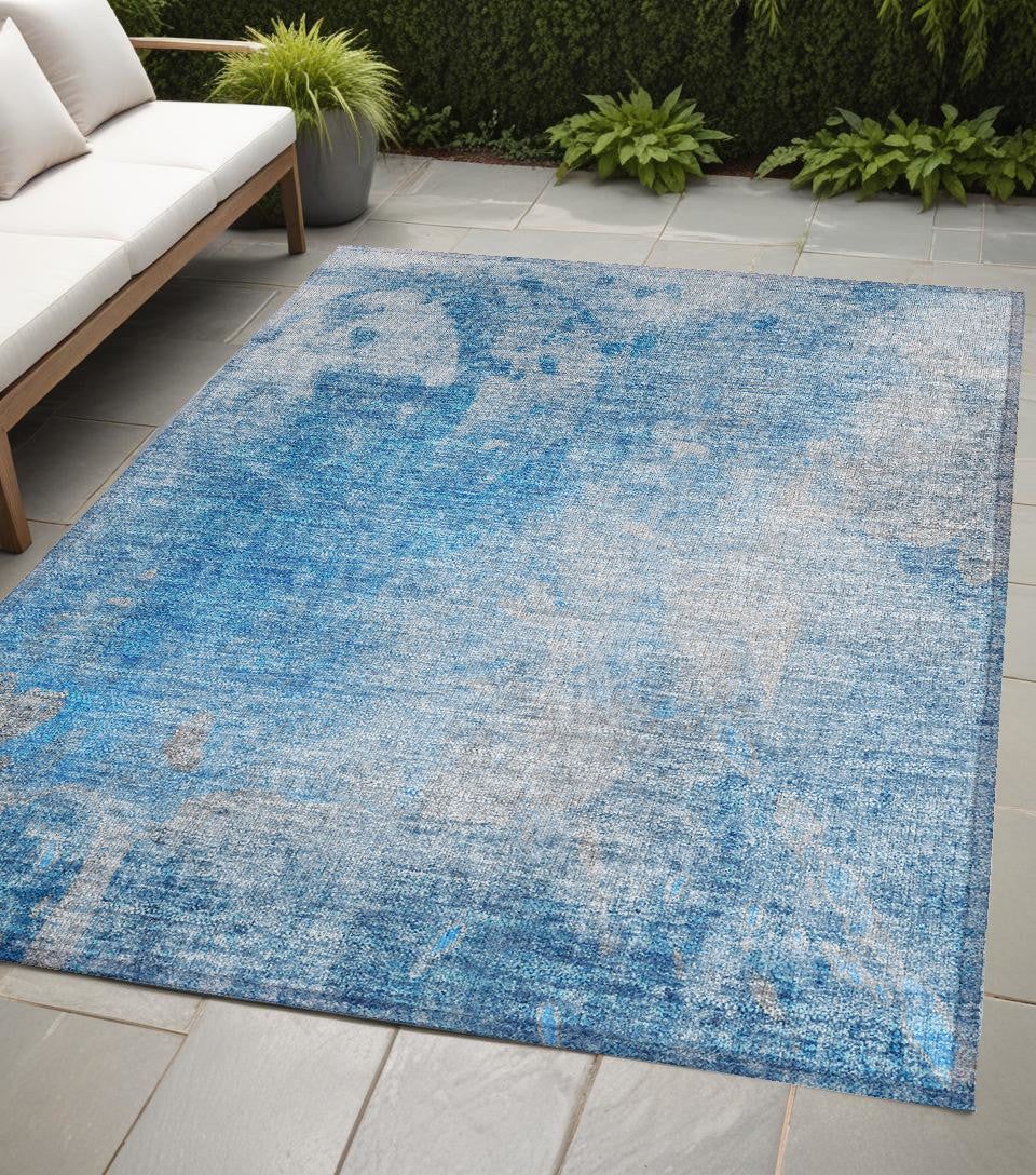 5' X 8' Blue and Gray Abstract Washable Non Skid Indoor Outdoor Area Rug