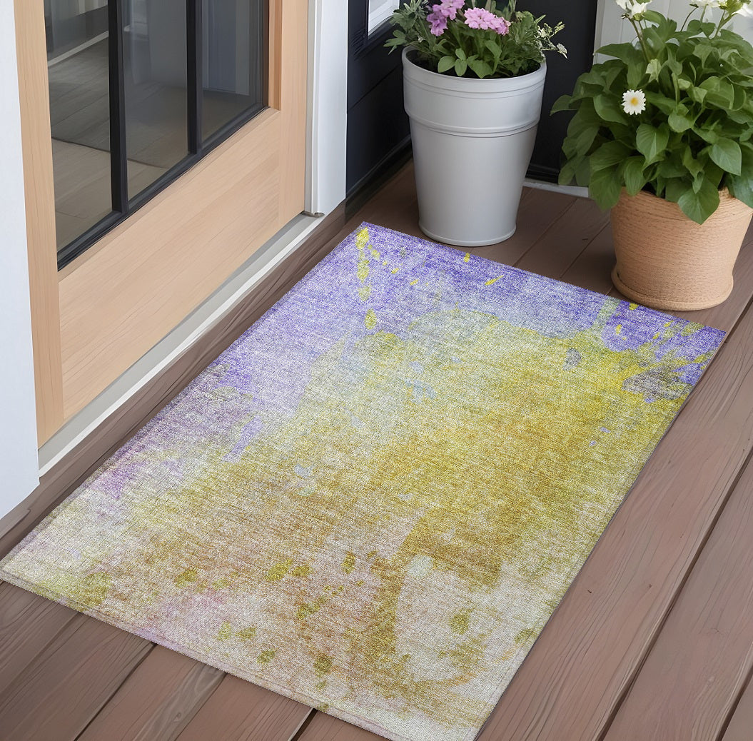 2' X 3' Blue Gold and Wheat Abstract Washable Non Skid Indoor Outdoor Area Rug