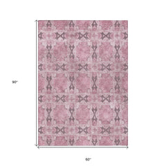 5' X 8' Pink Floral Medallion Washable Non Skid Indoor Outdoor Area Rug