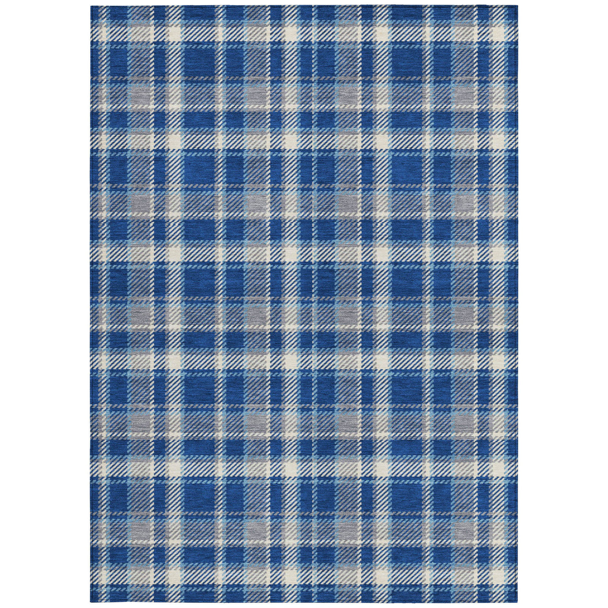 5' X 8' Navy and Ivory Plaid Washable Non Skid Indoor Outdoor Area Rug