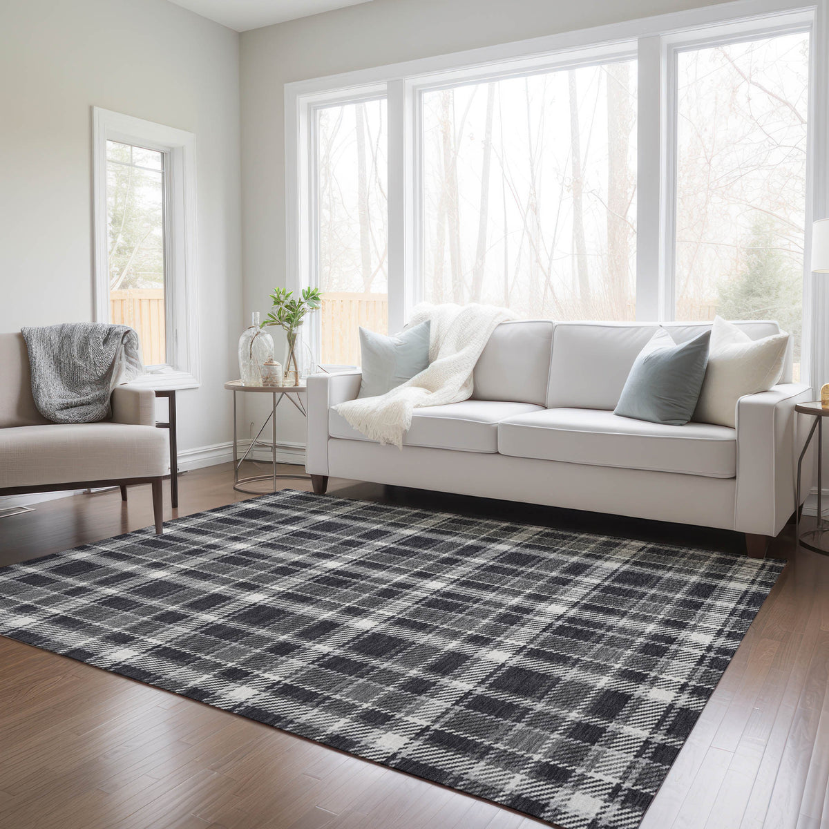 3' X 4' Black Gray and White Plaid Washable Non Skid Indoor Outdoor Area Rug