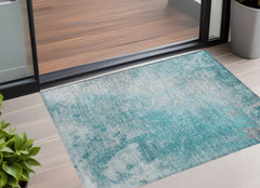 2' X 3' Teal Abstract Washable Non Skid Indoor Outdoor Area Rug