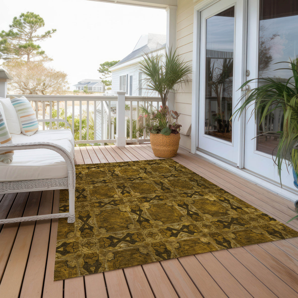 5' X 8' Chocolate Floral Medallion Washable Non Skid Indoor Outdoor Area Rug
