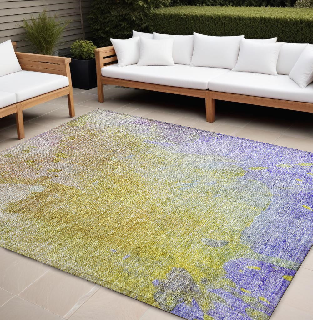 10' X 14' Blue Gold and Wheat Abstract Washable Non Skid Indoor Outdoor Area Rug