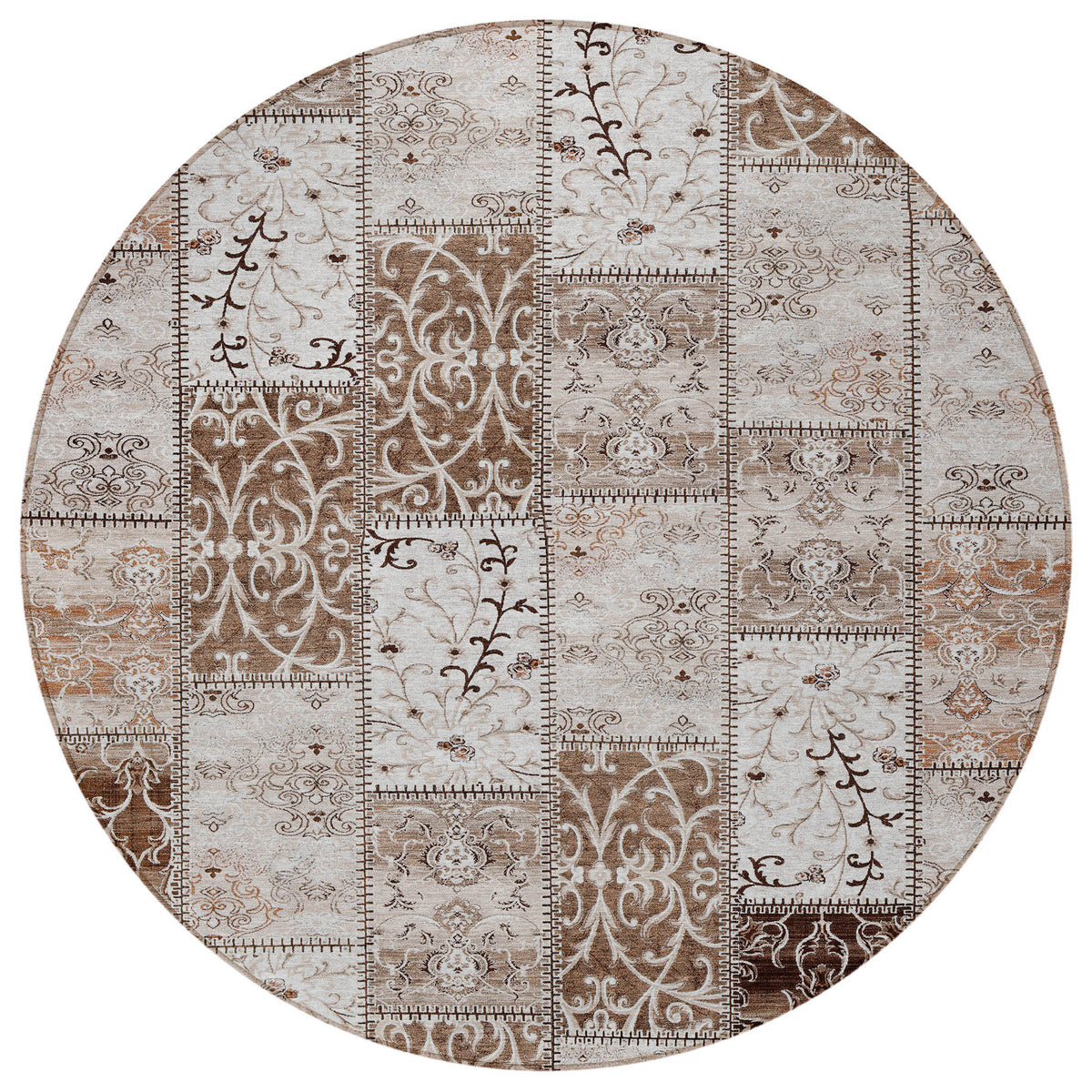 8' Round Taupe and Ivory Round Patchwork Washable Non Skid Indoor Outdoor Area Rug