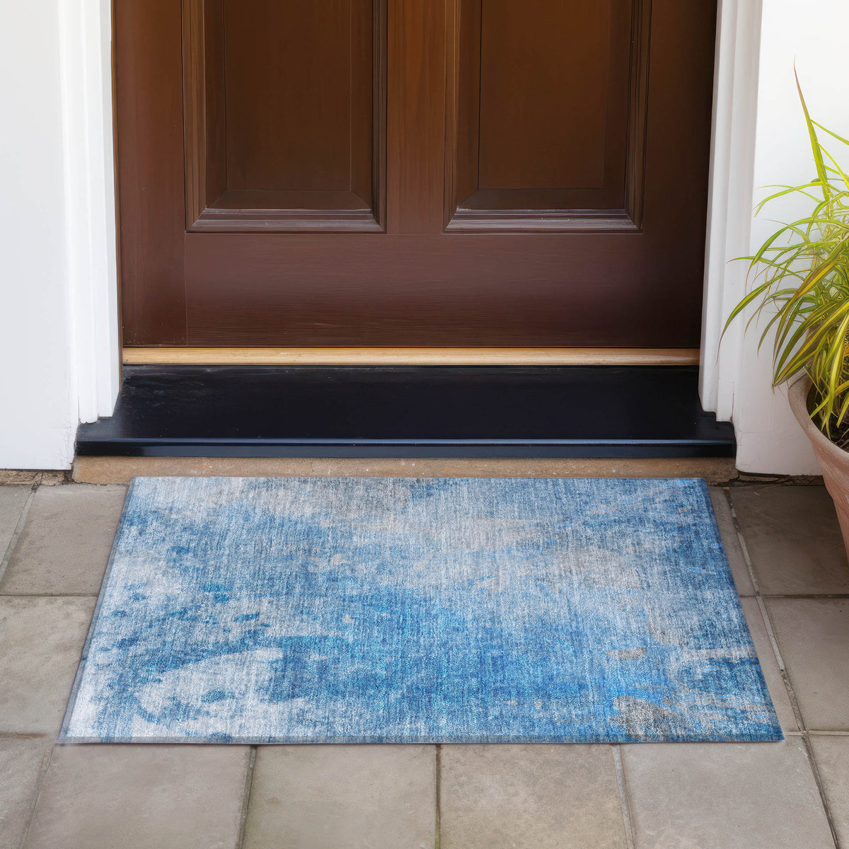 2' X 3' Blue and Gray Abstract Washable Non Skid Indoor Outdoor Area Rug