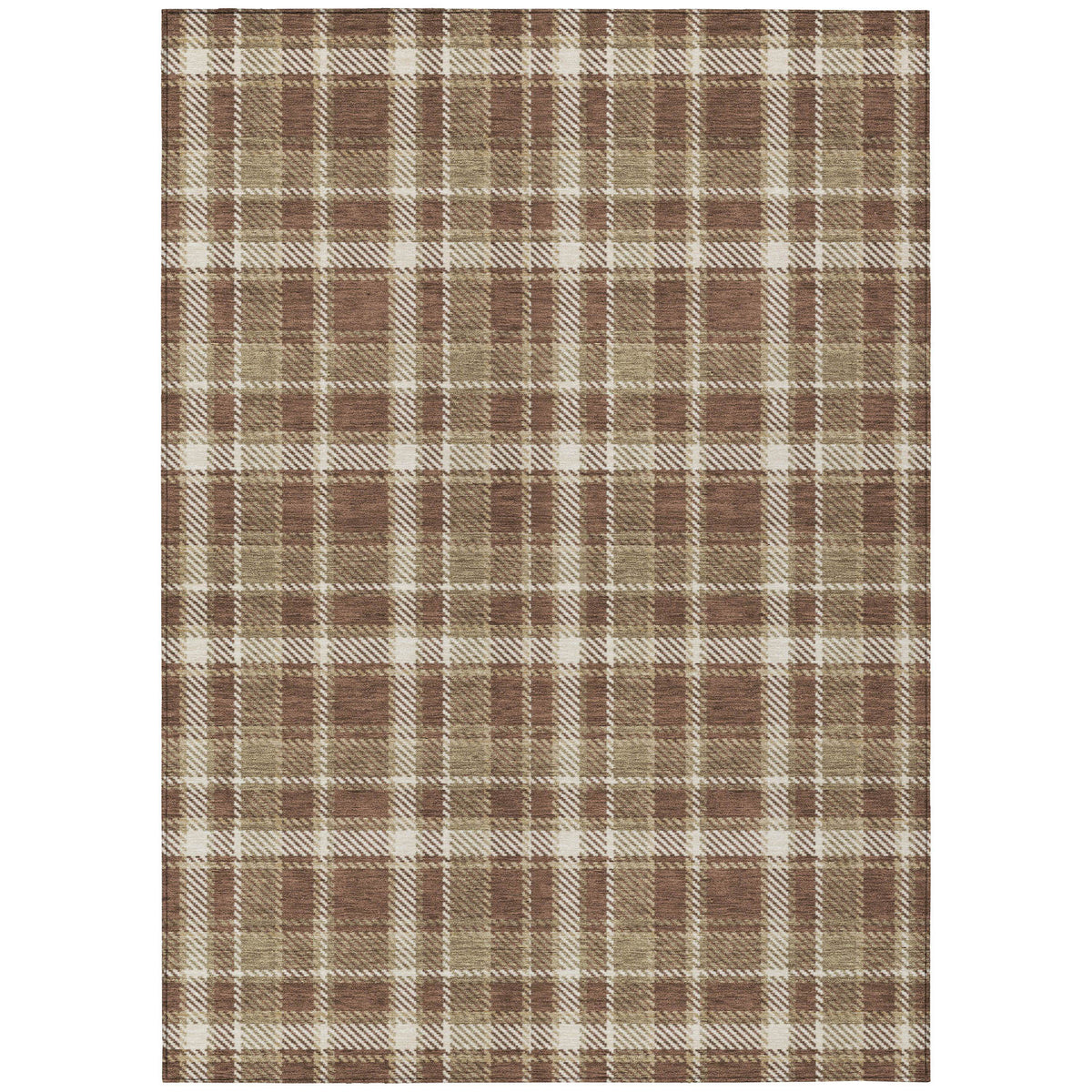 5' X 8' Chocolate and Ivory Plaid Washable Non Skid Indoor Outdoor Area Rug