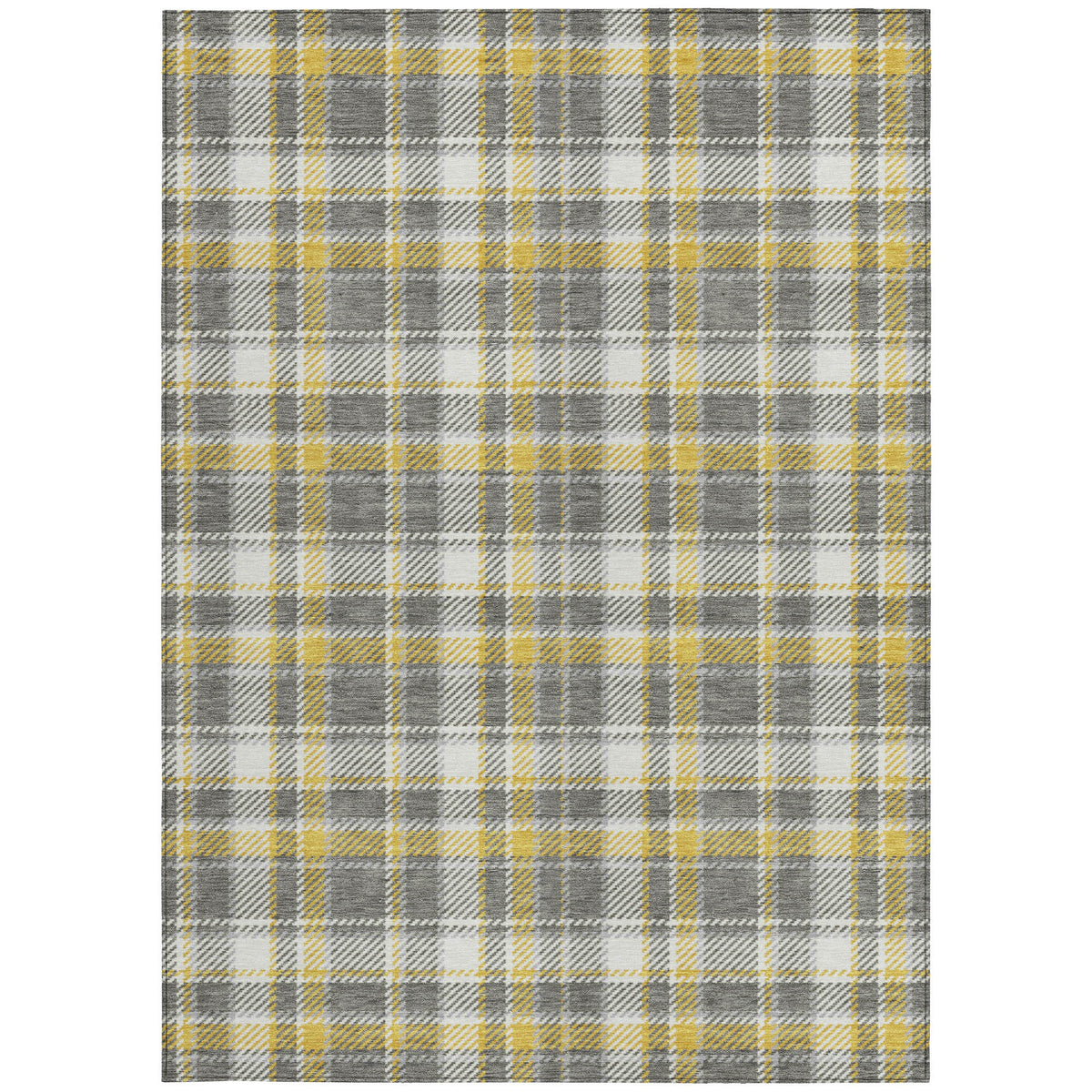 9' X 12' Gray Yellow and White Plaid Washable Non Skid Indoor Outdoor Area Rug