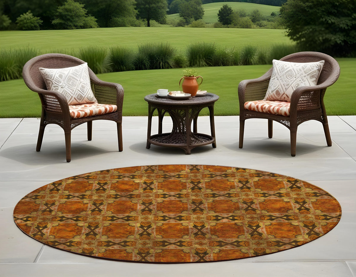 8' Round Orange and Rust Round Floral Medallion Washable Non Skid Indoor Outdoor Area Rug