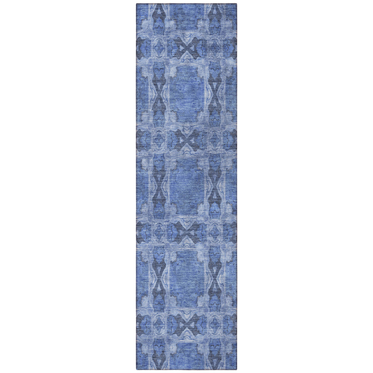 8' Runner Denim Blue and Gray Floral Medallion Washable Non Skid Indoor Outdoor Runner Rug