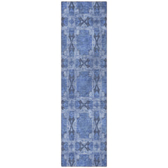 8' Runner Denim Blue and Gray Floral Medallion Washable Non Skid Indoor Outdoor Runner Rug
