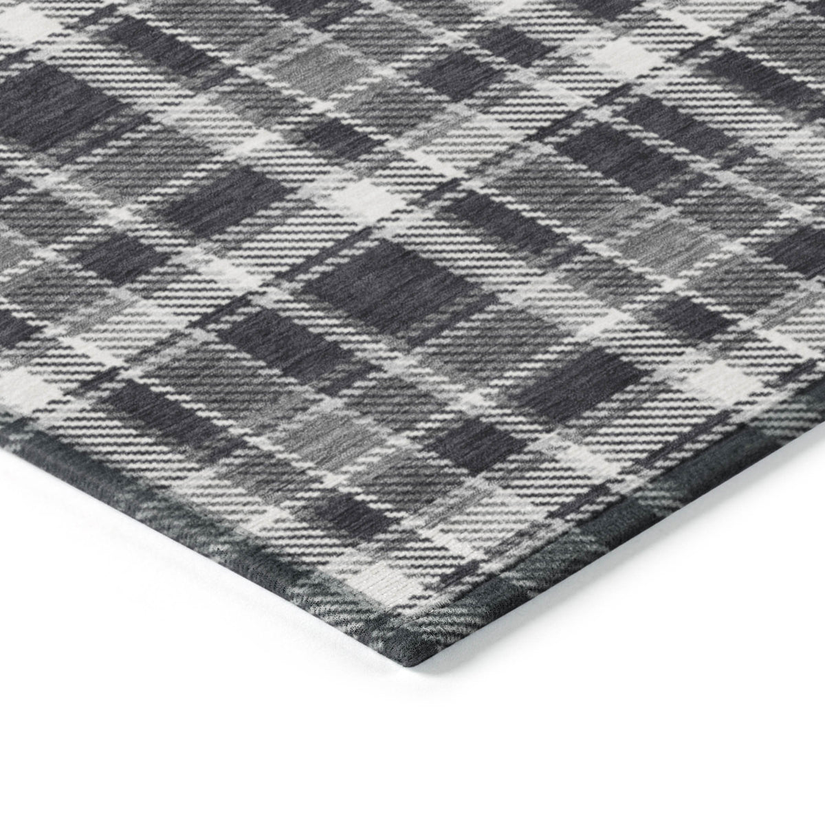 8' Round Black Gray and White Round Plaid Washable Non Skid Indoor Outdoor Area Rug