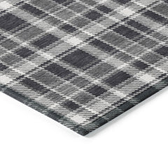 8' Round Black Gray and White Round Plaid Washable Non Skid Indoor Outdoor Area Rug