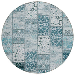 8' Round Teal Round Patchwork Washable Non Skid Indoor Outdoor Area Rug