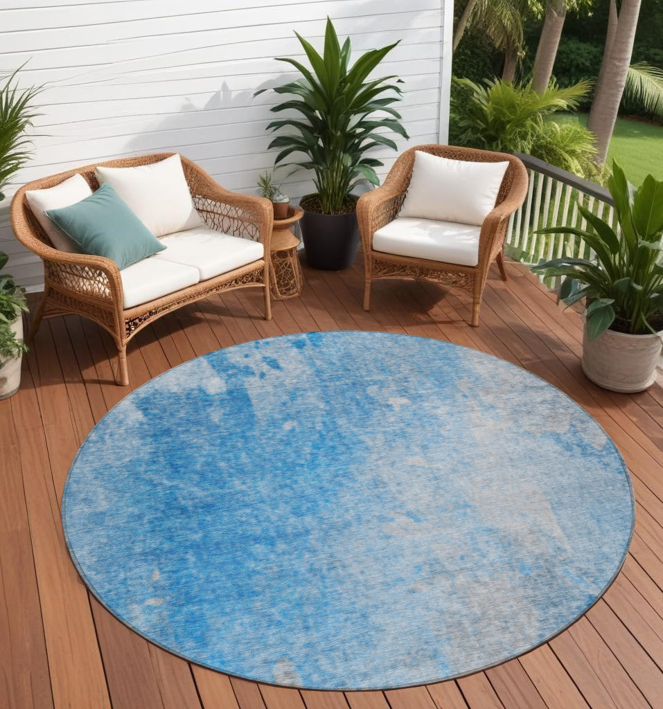 8' Round Blue and Gray Round Abstract Washable Non Skid Indoor Outdoor Area Rug