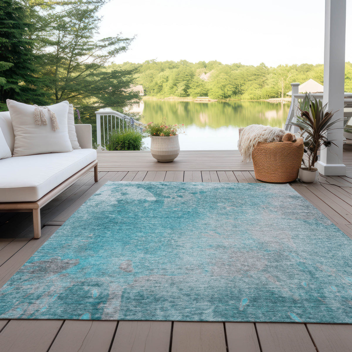 3' X 4' Teal Abstract Washable Non Skid Indoor Outdoor Area Rug