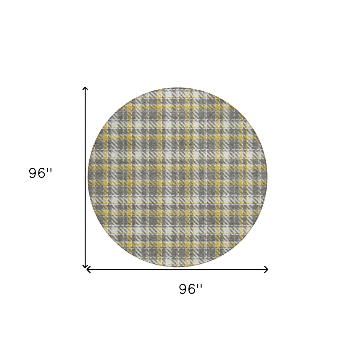 8' Round Gray Yellow and White Round Plaid Washable Non Skid Indoor Outdoor Area Rug