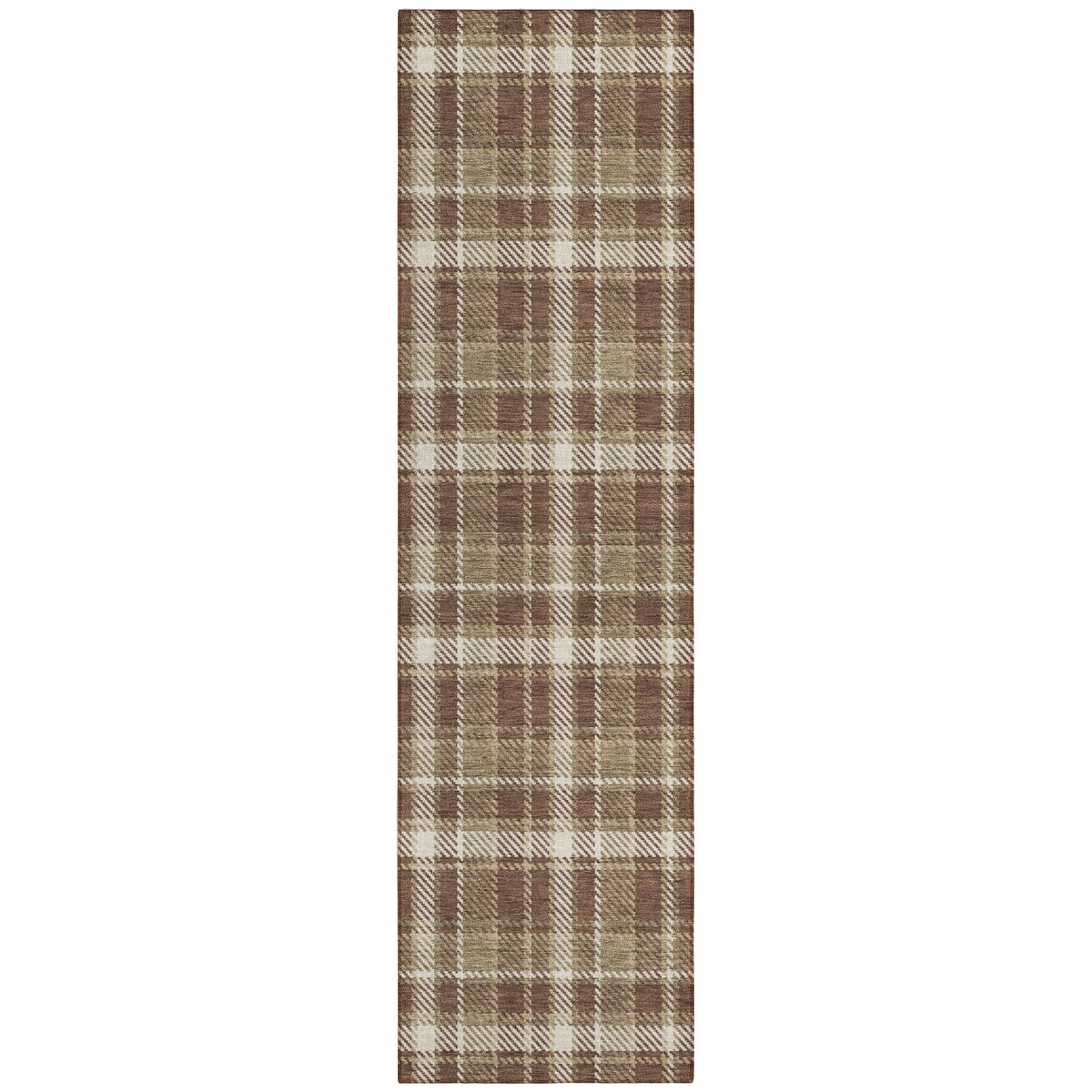 8' Runner Chocolate and Ivory Plaid Washable Non Skid Indoor Outdoor Runner Rug