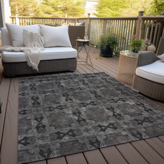 9' X 12' Gray and Black Floral Medallion Washable Non Skid Indoor Outdoor Area Rug