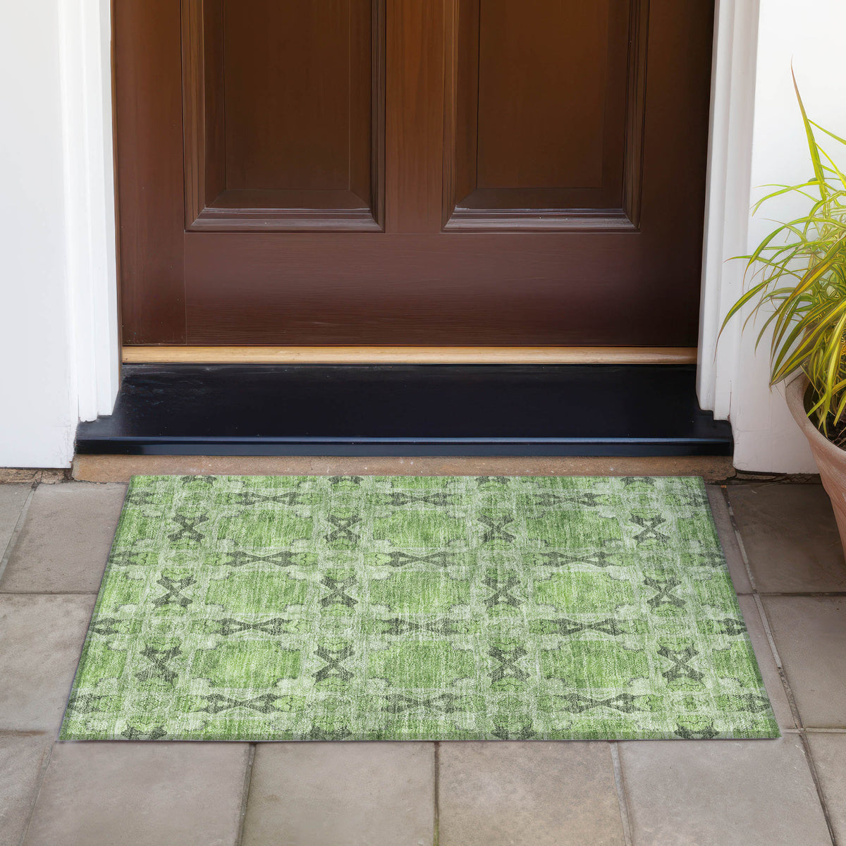 2' X 3' Green Floral Medallion Washable Non Skid Indoor Outdoor Area Rug