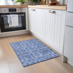 2' X 3' Denim Blue and Gray Floral Medallion Washable Non Skid Indoor Outdoor Area Rug