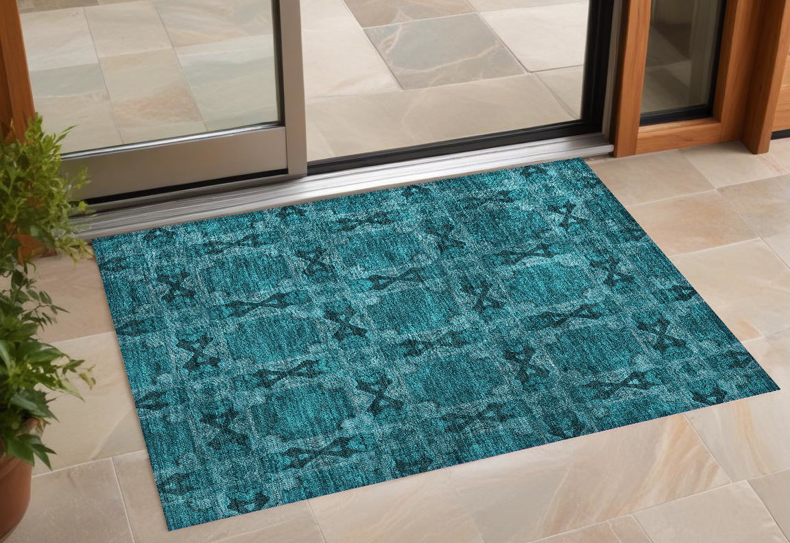 3' X 5' Teal Floral Medallion Washable Non Skid Indoor Outdoor Area Rug