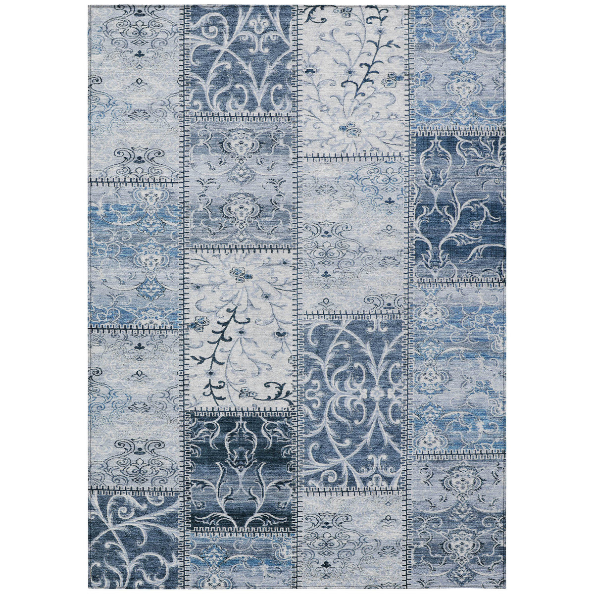 9' X 12' Denim Blue Patchwork Washable Non Skid Indoor Outdoor Area Rug