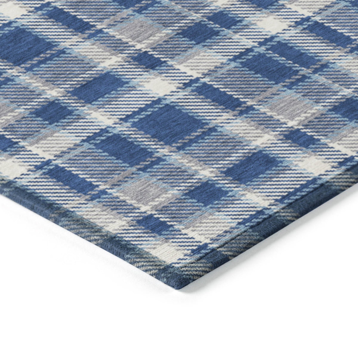 3' X 4' Navy and Ivory Plaid Washable Non Skid Indoor Outdoor Area Rug