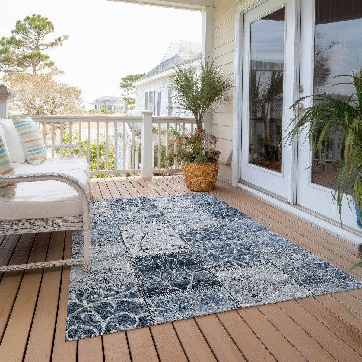 10' X 14' Denim Blue Patchwork Washable Non Skid Indoor Outdoor Area Rug