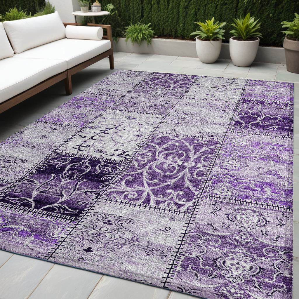 5' X 8' Purple Patchwork Washable Non Skid Indoor Outdoor Area Rug