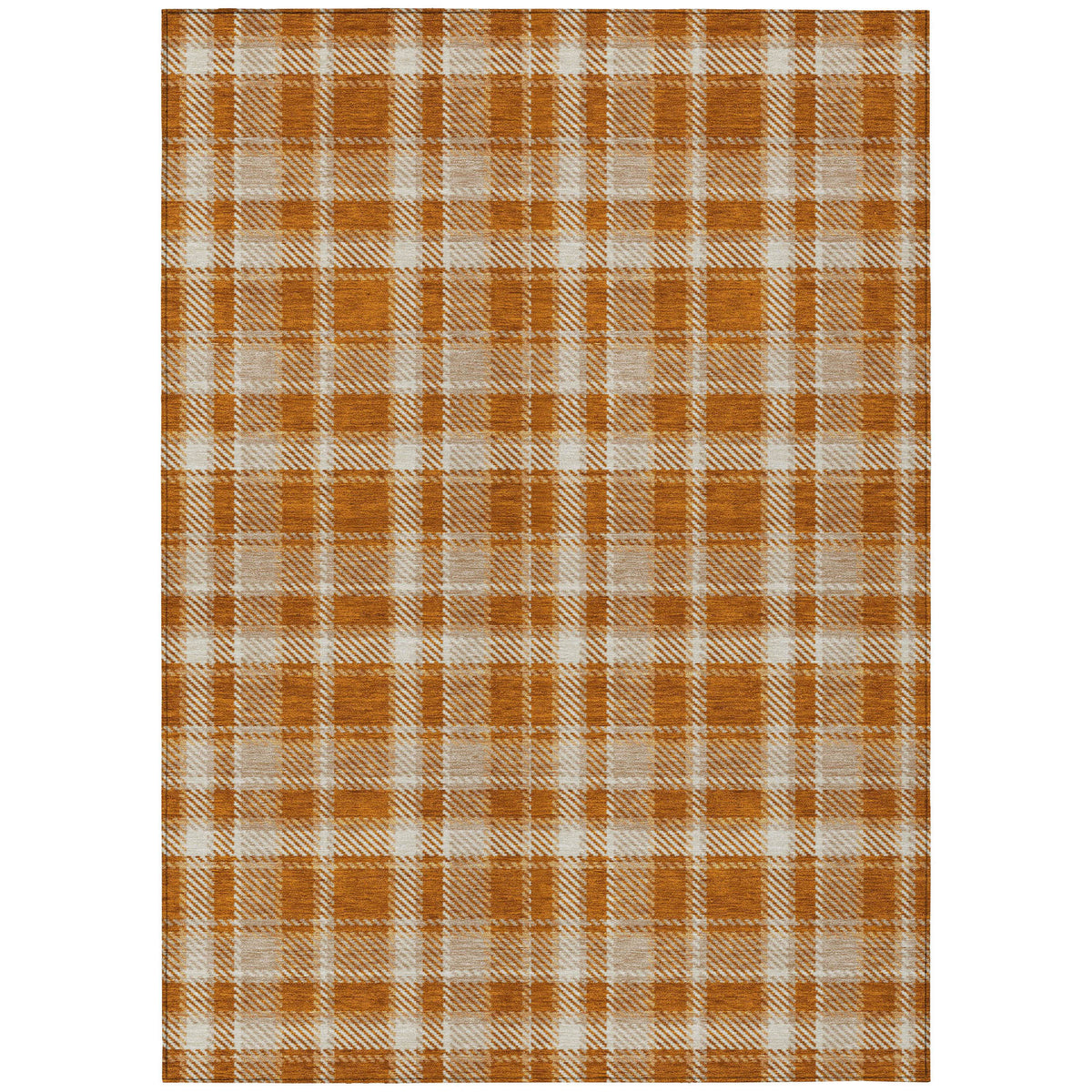 5' X 8' Orange and Ivory Plaid Washable Non Skid Indoor Outdoor Area Rug