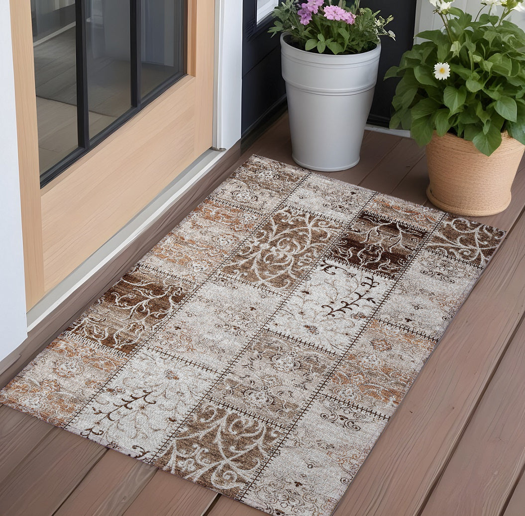 2' X 3' Taupe and Ivory Patchwork Washable Non Skid Indoor Outdoor Area Rug