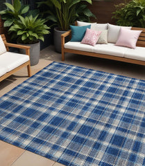 10' X 14' Navy and Ivory Plaid Washable Non Skid Indoor Outdoor Area Rug