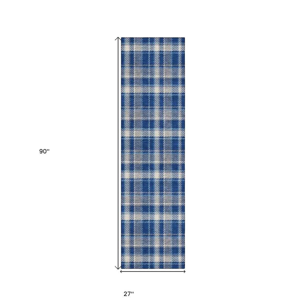 8' Runner Navy and Ivory Plaid Washable Non Skid Indoor Outdoor Runner Rug