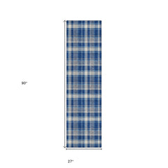 8' Runner Navy and Ivory Plaid Washable Non Skid Indoor Outdoor Runner Rug