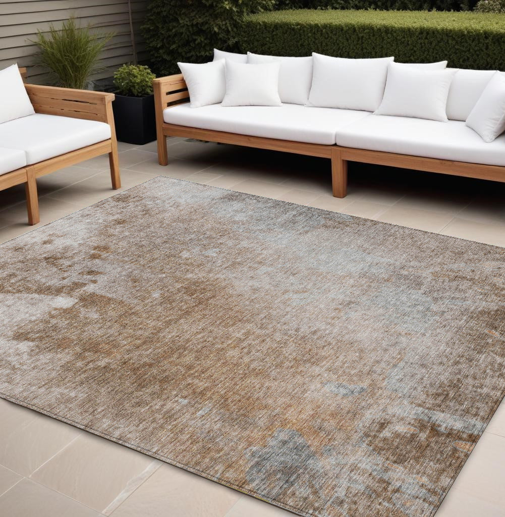 8' X 10' Brown and Off White Abstract Washable Non Skid Indoor Outdoor Area Rug