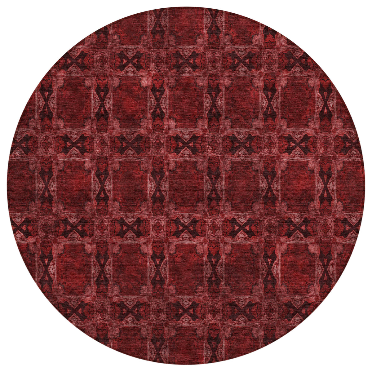 8' Round Burgundy and Black Round Floral Medallion Washable Non Skid Indoor Outdoor Area Rug