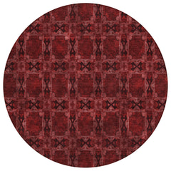 8' Round Burgundy and Black Round Floral Medallion Washable Non Skid Indoor Outdoor Area Rug