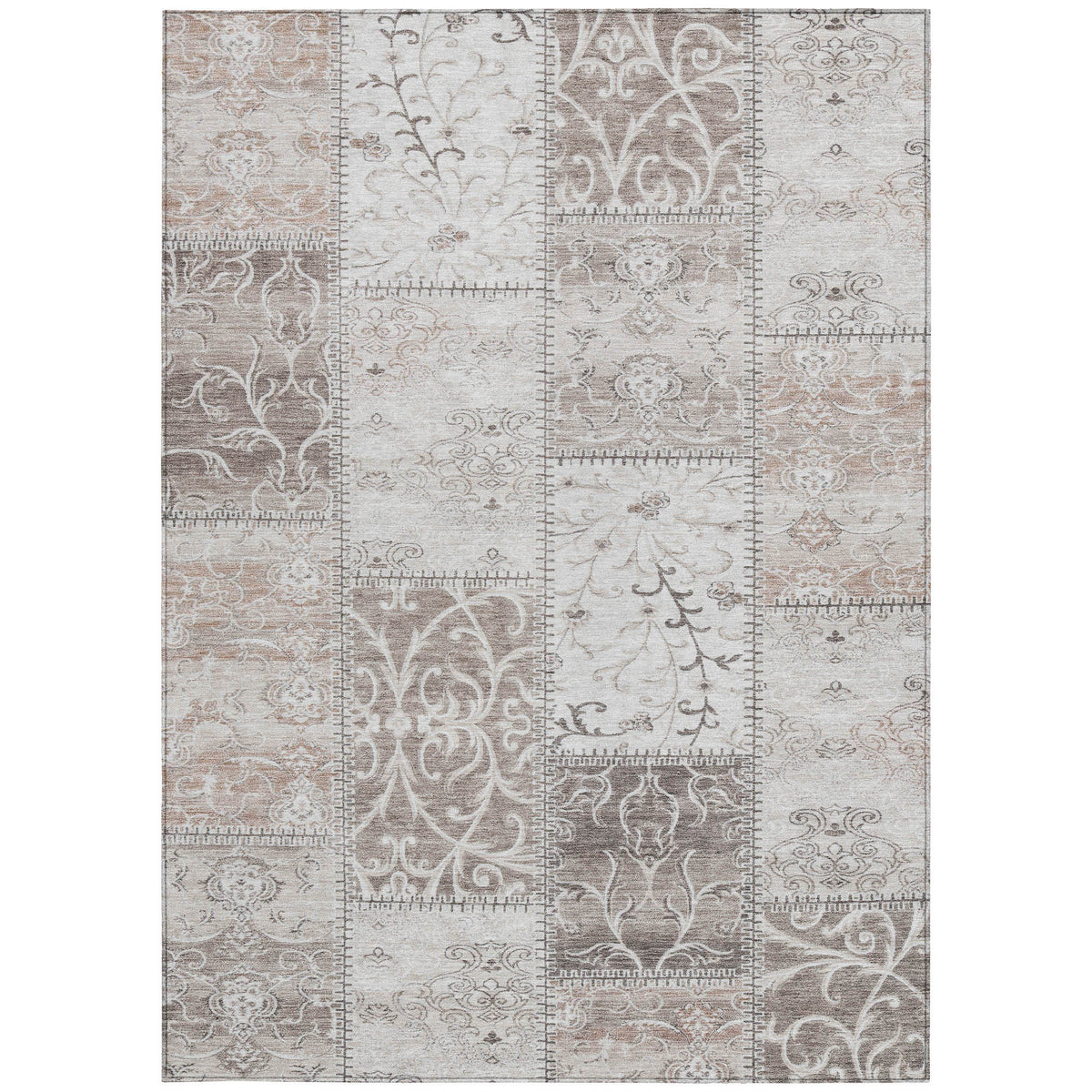 10' X 14' Taupe and Ivory Patchwork Washable Non Skid Indoor Outdoor Area Rug