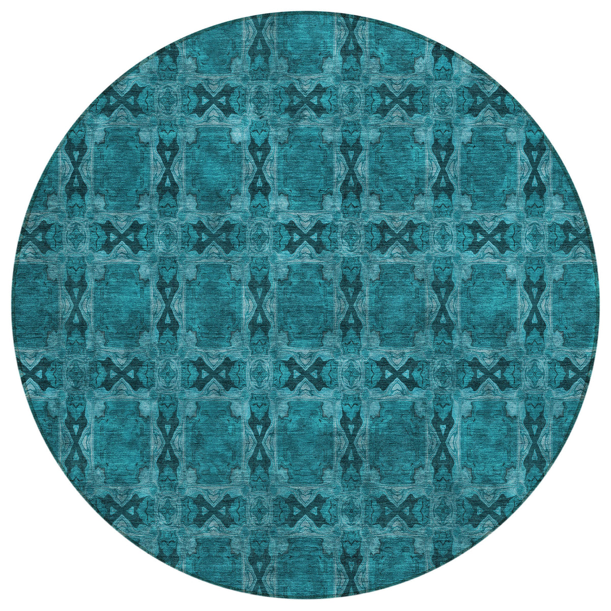 8' Round Teal Round Floral Medallion Washable Non Skid Indoor Outdoor Area Rug