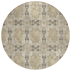 8' Round Beige and Gray Round Floral Medallion Washable Non Skid Indoor Outdoor Area Rug