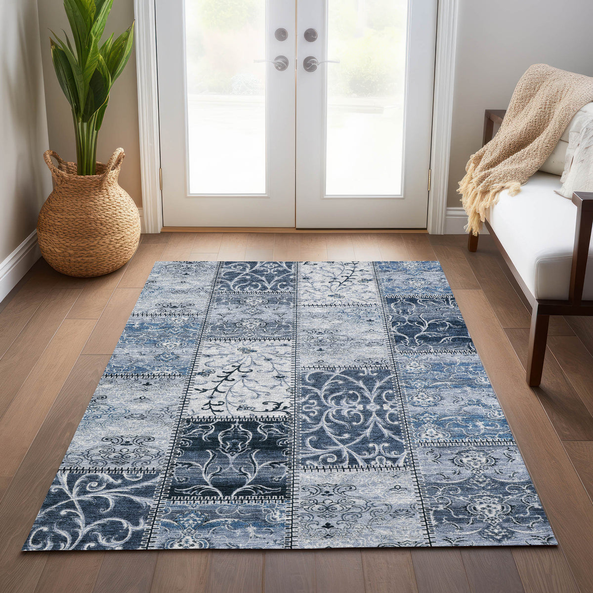 5' X 8' Denim Blue Patchwork Washable Non Skid Indoor Outdoor Area Rug