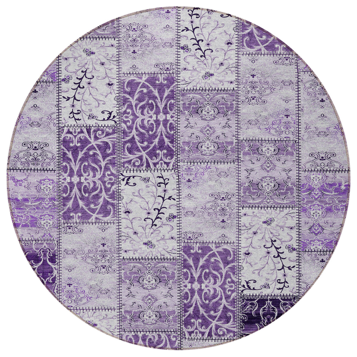 8' Round Purple Round Patchwork Washable Non Skid Indoor Outdoor Area Rug